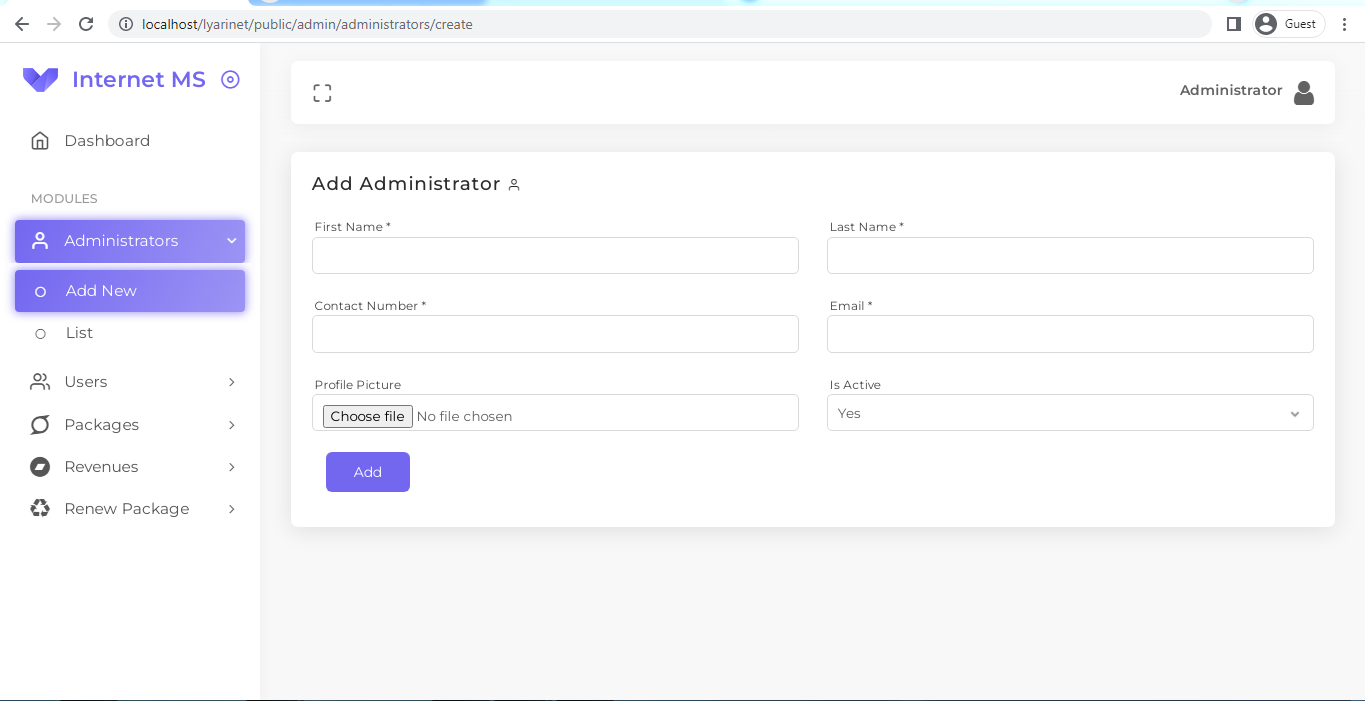 Add Administrator (Admin Panel)