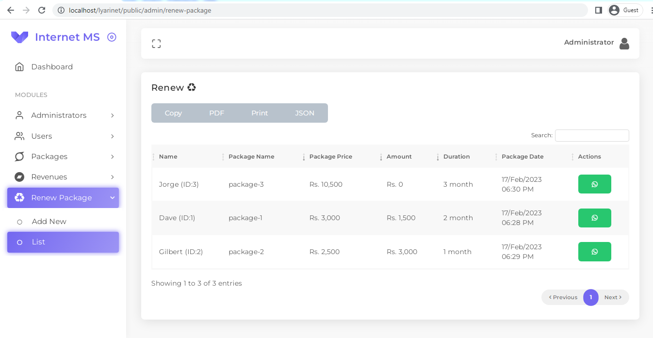 Renew Package List (Admin Panel)
