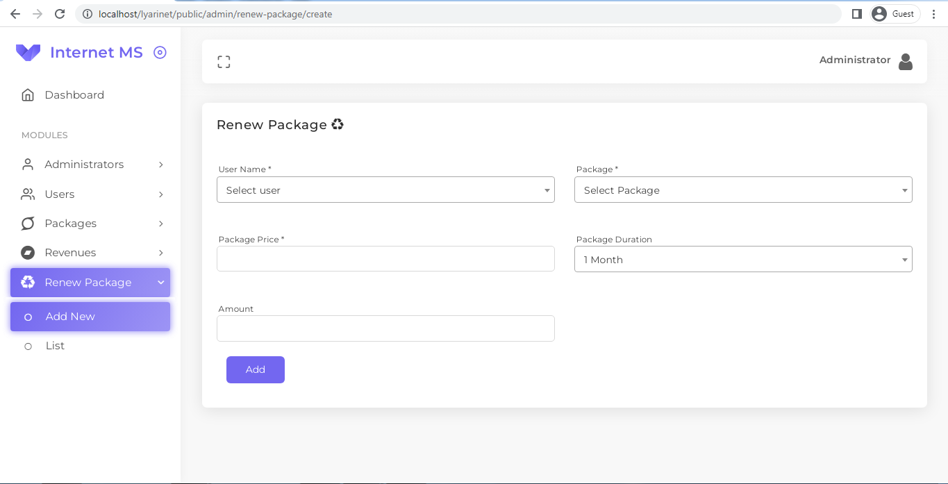 Renew Package (Admin Panel)
