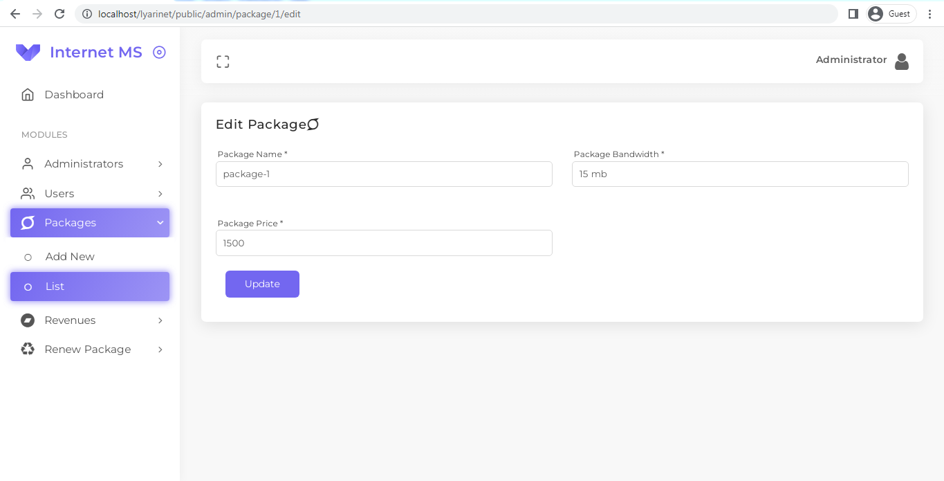 Edit Package (Admin Panel)
